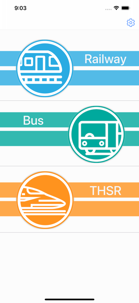 GoTW - Main menu of GoTW app with icons for Railway Bus and THSR transport services