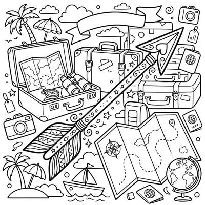 Dive into a world where romance meets wanderlust with this captivating Cupid's Arrow and Vacation coloring page. Featuring an array of travel essentials, it's an invitation to explore far-off lands with a touch of love.