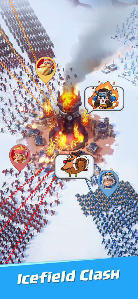 Whiteout Survival gameplay showing the Icefield Clash battle mode with large armies and hero icons in a snowy landscape