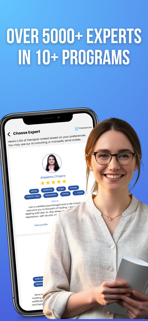 만트라케어 모바일 앱 화면, 맞춤형 코칭을 위한 건강 전문가 및 심리학자 디렉토리 표시