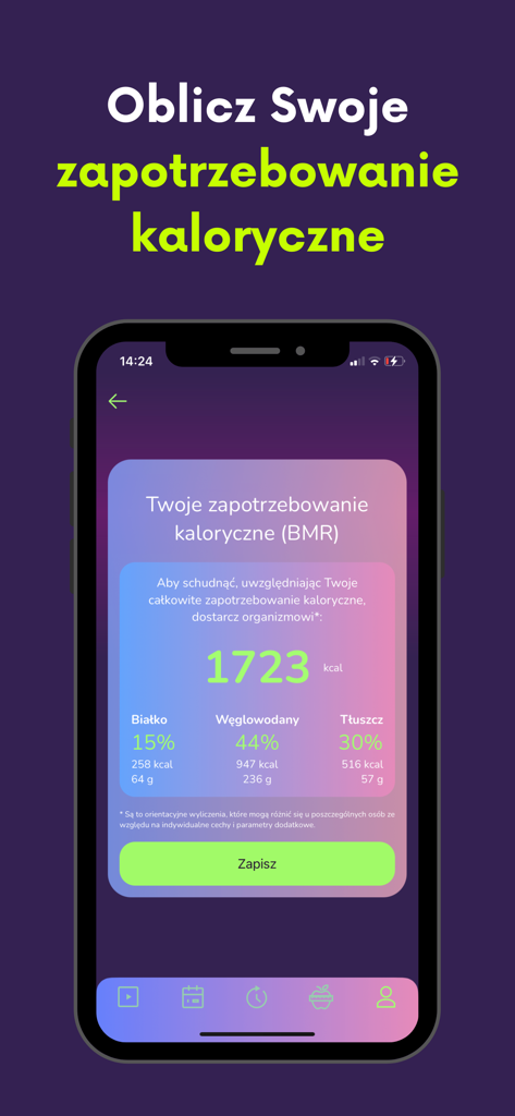 Bildschirm einer mobilen App, der einen täglichen Kalorienbedarfrechner mit Aufschlüsselung von Proteinen, Kohlenhydraten und Fetten zeigt
