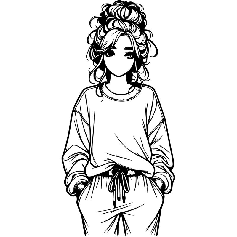 realistic girl in a messy bun with sweatpants and sweatshirt