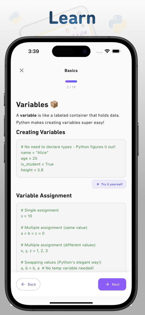 Python Quizz - A structured learning module in the Python Quizz app teaching the basics of variables and code assignment.