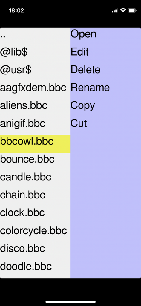 Interface do aplicativo BBCBasic mostrando uma lista de arquivos de programa e um menu de contexto com opções para abrir, editar, excluir e renomear.