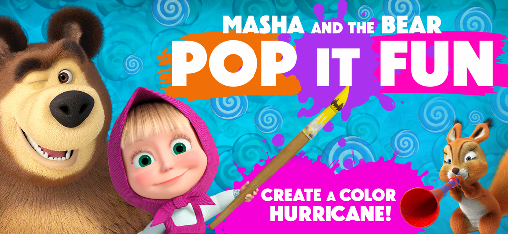 Masha and the Bear POP IT Fun - Promo screen for Masha and the Bear POP IT Fun featuring Masha holding a paintbrush and Bear smiling against a blue background