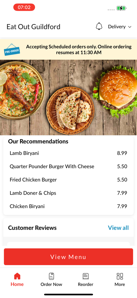 Eat Out Guildford - The home screen of Eat Out Guildford app displaying food recommendations like Biryani and Burgers