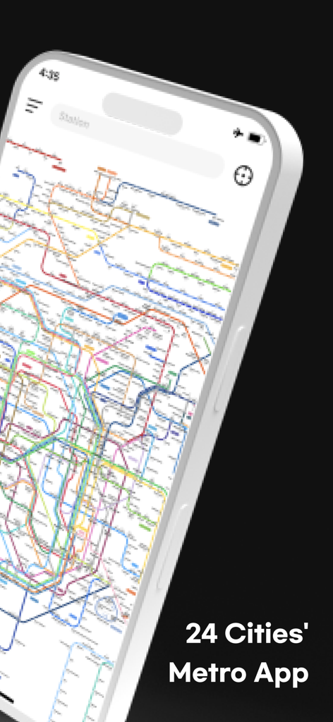 Um smartphone mostrando um mapa de metrô detalhado e multicolorido para 24 cidades internacionais no aplicativo NUUA METRO.
