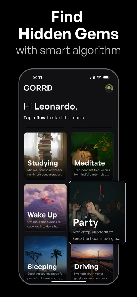 CORRD app interface displaying various mood-based music playlist options