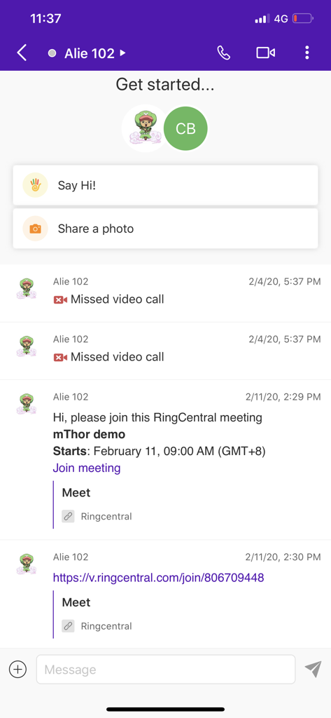 BT Cloud Work - BT Cloud Work app messaging interface showing a chat with meeting invitations and missed call logs