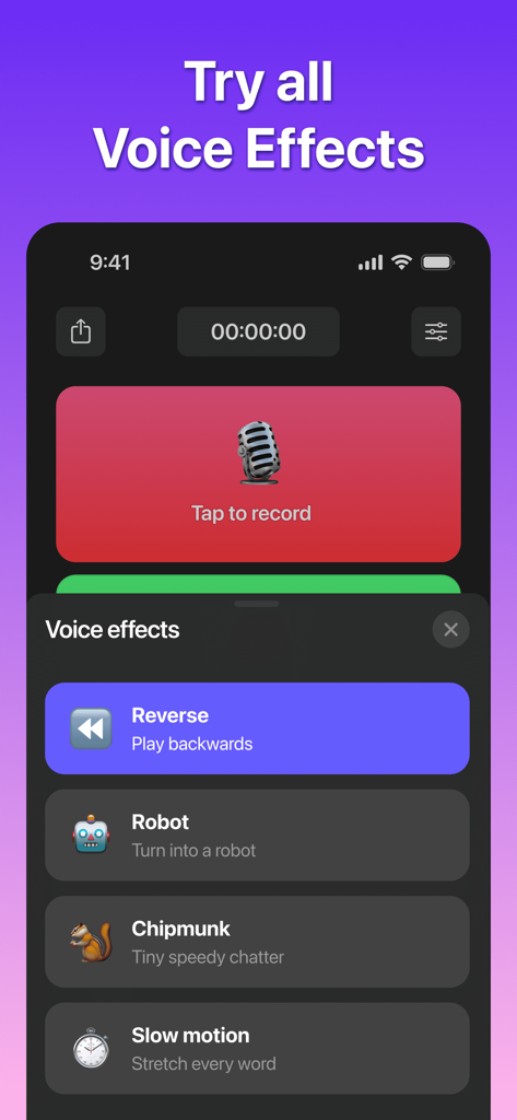 A mobile app interface for Reverse Audio showing various voice effects like reverse robot chipmunk and slow motion