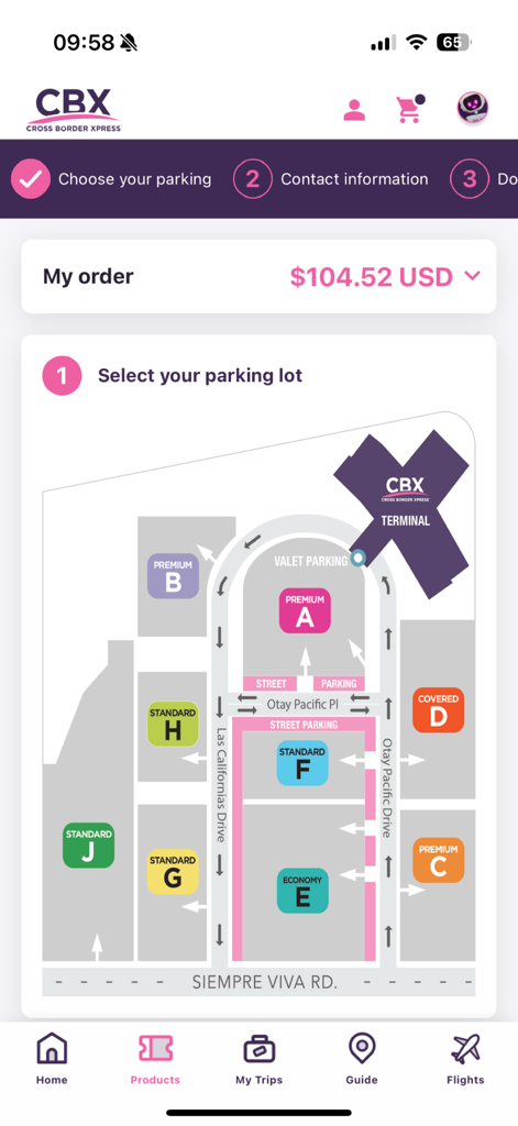 Cross Border Xpress - Un mapa interactivo en la aplicación Cross Border Xpress que muestra varias zonas de estacionamiento y ubicaciones de terminales para la reserva.