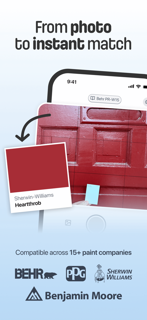 MatchPaintColor app screen showing a red door matched to Sherwin Williams Heartthrob paint with brand logos