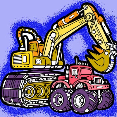 excavator and monster truck
