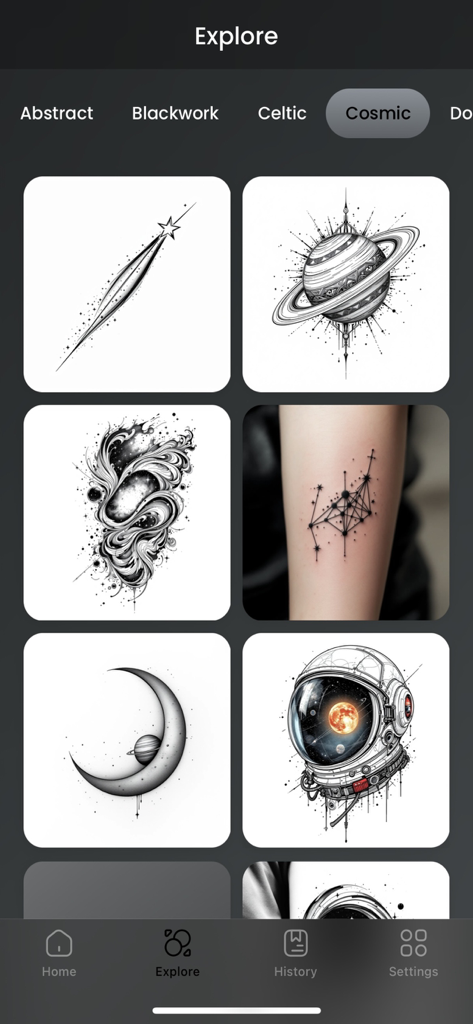 AI Tattoo Designer : Generator - Explore page of the AI Tattoo Designer app showing a grid of cosmic themed designs including planets stars and an astronaut