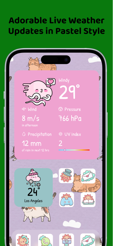 Cute weather widget and custom icons in pastel colors on an iPhone home screen
