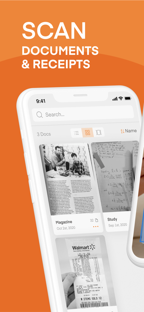 Scanner Vault mobile App-Oberfläche mit gescannten Dokumenten und Quittungen