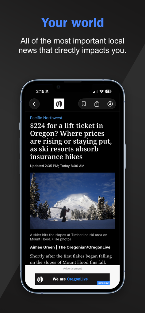 Smartphone screen showing the OregonLive app with a local news article about ski resort prices in Oregon