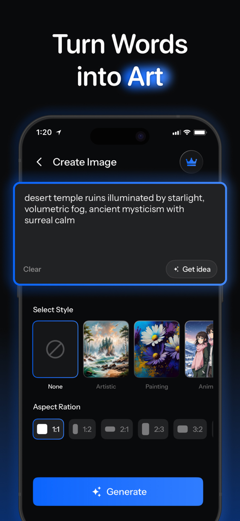 Prompts for Midjourney AI: MLX - A screenshot of the MidQ app interface showing a text prompt for a desert temple and various art style and aspect ratio options.
