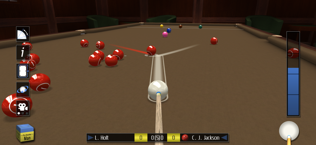 Pro Snooker 2026 - Captura de tela da jogabilidade do Pro Snooker 2026 mostrando uma mesa de bilhar em 3D com bolas vermelhas e guias de mira