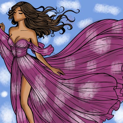 realistic woman in dress flowing the the wind