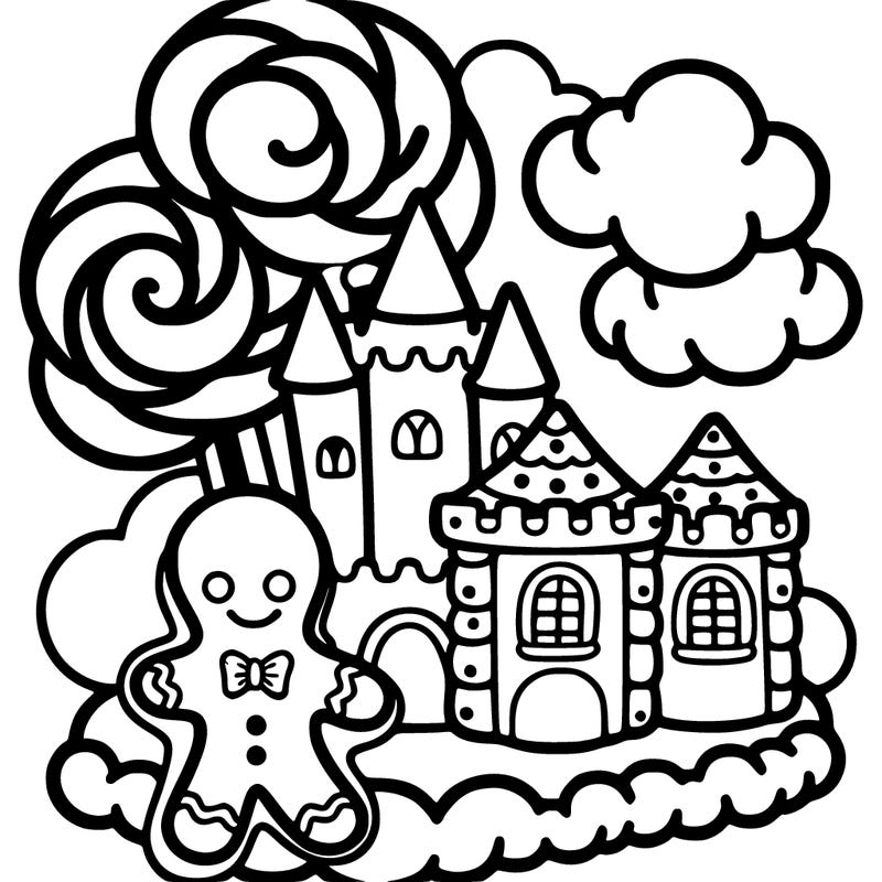 candy land with a ginger bread man and a big palace on a cotton candy cloud