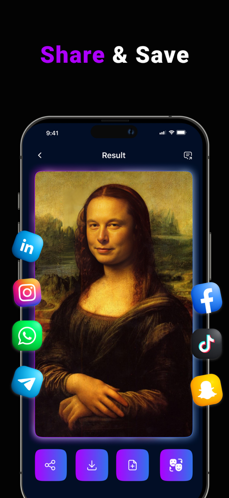 AI Faceswap: Video Face Swap - Screenshot der AI Faceswap-App, der einen lustigen Gesichtswechsel auf der Mona Lisa mit Symbolen zum Teilen in sozialen Medien wie Instagram und TikTok zeigt.