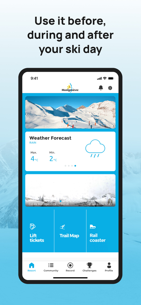 Interface de l'application de la station de ski Montgenevre montrant les prévisions météo, la webcam en direct et le menu de navigation