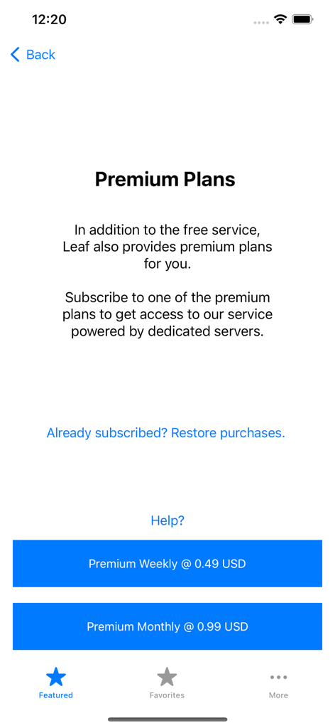 Leaf VPN - Leaf VPN premium subscription plans screen