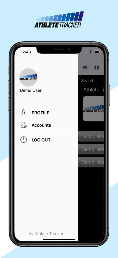 Athlete Tracker app side menu with profile and account links