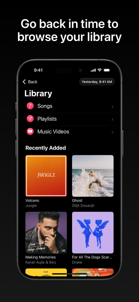 Hezel for Apple Music - Smartphone screen showing Hezel app browsing a previous version of an Apple Music library with recently added albums and playlists.