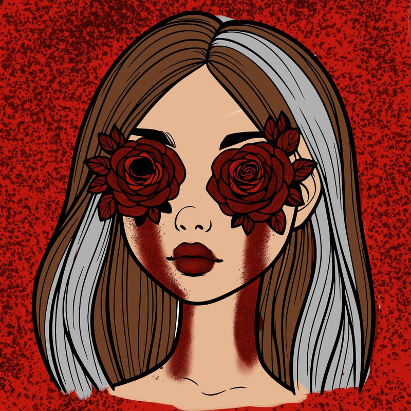a realistic girl with roses for eyes