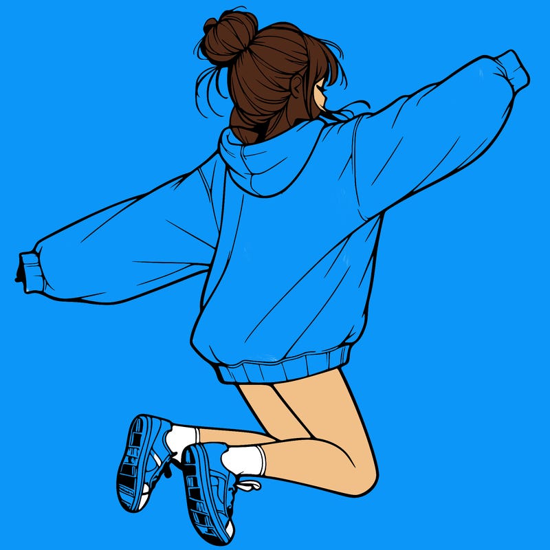 realistic girl jumping with a bun and oversized sweatshirt