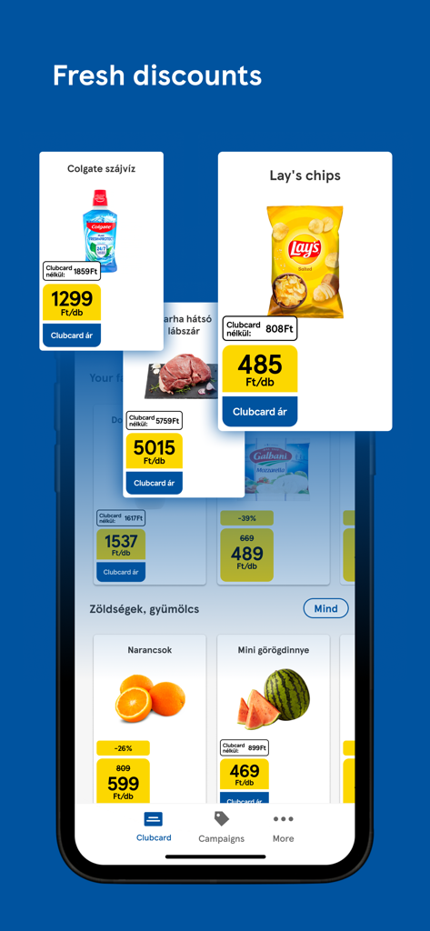 Tesco Clubcard app interface showing fresh member discounts on grocery items including snacks and fresh produce