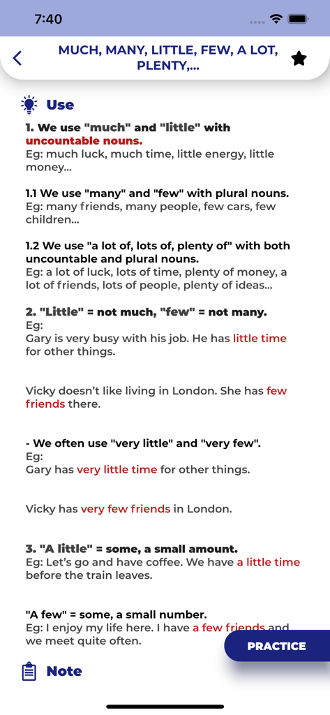 PORO - English Grammar - A mobile app screen showing an English grammar lesson on using much, many, little, few, and a lot with examples and a practice button.