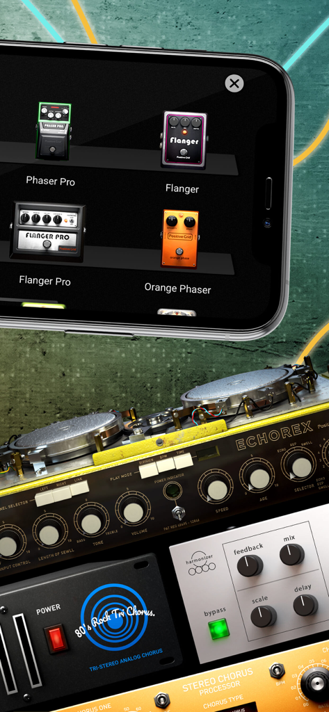 Smartphone que muestra pedales de efectos de guitarra e interfaces de pedales de efectos digitales de alta calidad en BIAS FX 2.