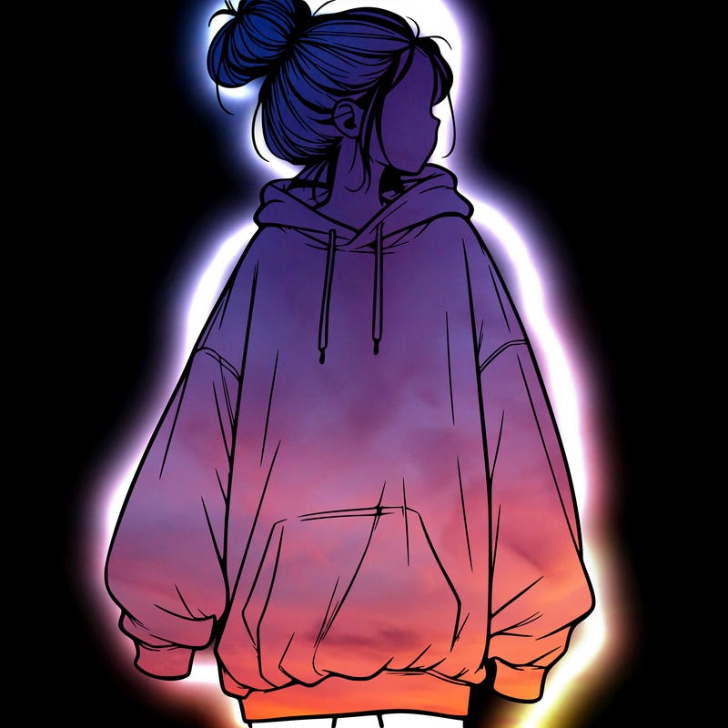 realistic girl with a oversized sweatshirt on and a bun