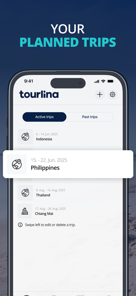 Tourlina - Travel Buddy - A mobile interface of the Tourlina app showing a list of active planned trips including Indonesia Philippines and Thailand