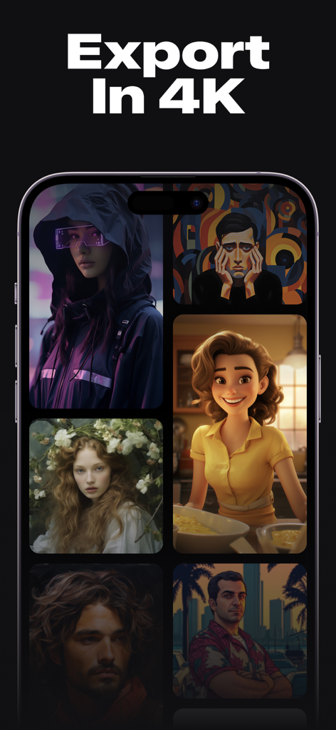 AI Photo Generator & Enhance - AI generated portraits in various artistic styles with 4K export text on an iPhone screen