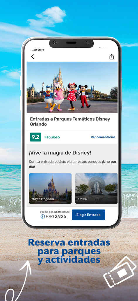 BestDay app interface showing booking options for Disney Orlando theme park tickets in Spanish