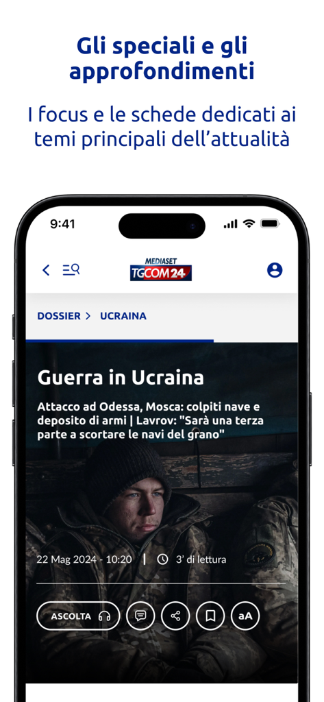 TGCOM24 - TGCOM24 mobile app interface showing an in-depth news article in Italian about the war in Ukraine