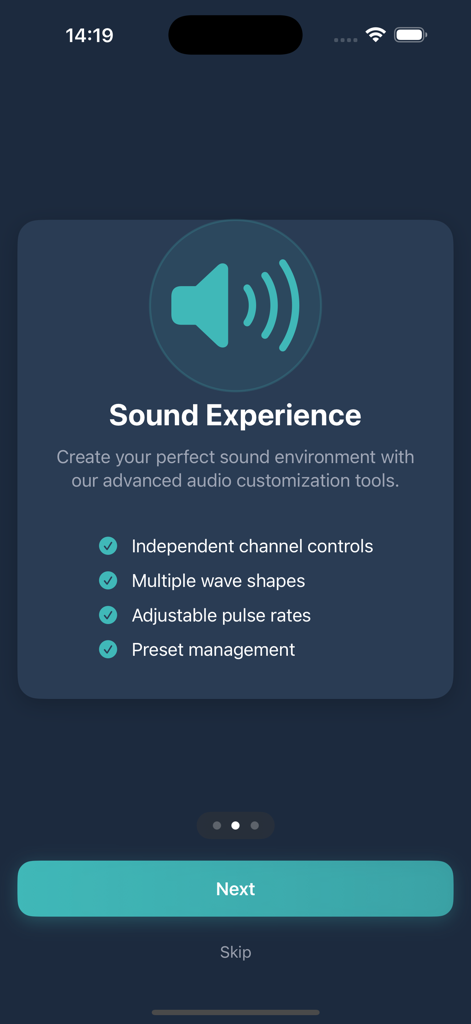 Tinnitus Relief app onboarding screen for personalizing sound experience with channel controls and wave shapes.