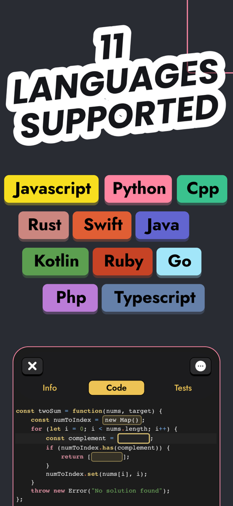 Learn & Code: CodenQuest - CodenQuest app interface displaying eleven supported programming languages and a mobile code editor