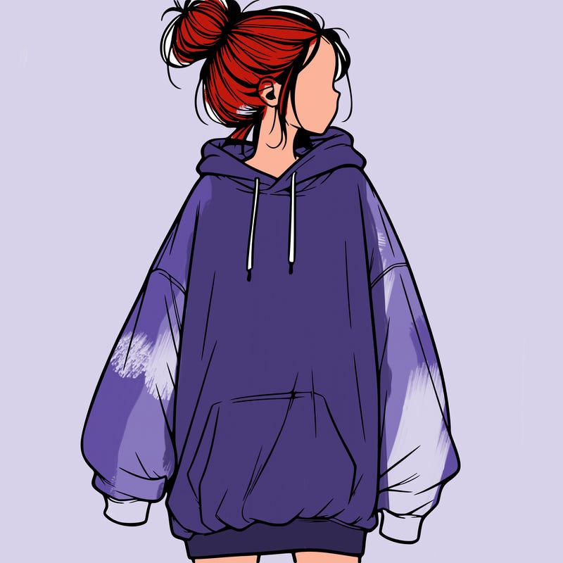realistic girl with a oversized sweatshirt on and a bun