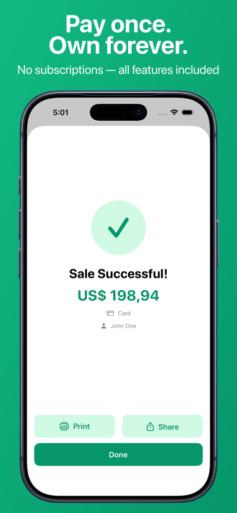 SellStock - Inventory & POS - Tela de iPhone mostrando uma transação bem-sucedida no aplicativo SellStock POS destacando seu modelo de propriedade sem assinatura.