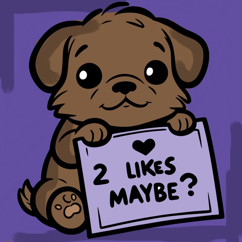 a puppy holding a sign that says 2 likes maybe?