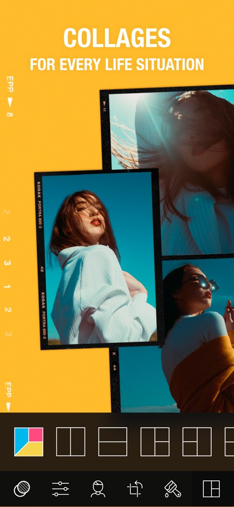 Camly: Photo Editor & Retouch - Camly app interface showing creative photo collage layouts with a vintage film aesthetic