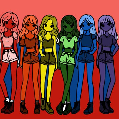 a group of girls wearing crop tops and shorts