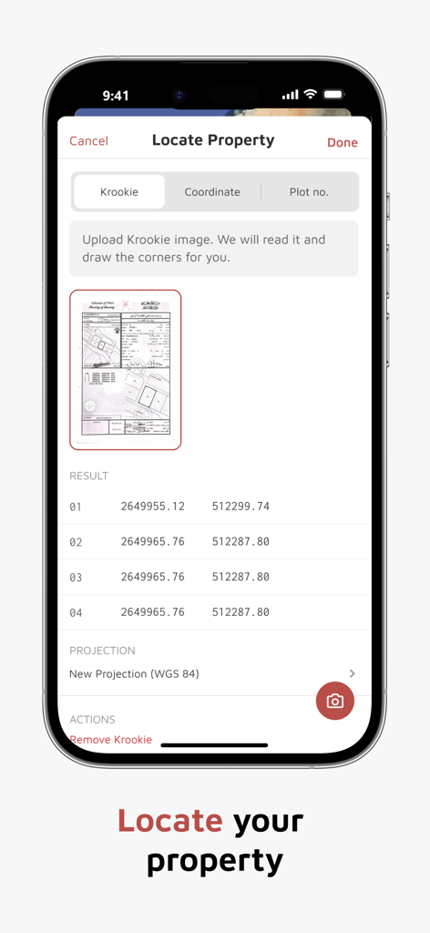 Oman Real - Mobile app screen showing the process of locating a property by uploading a Krookie image to extract coordinates.