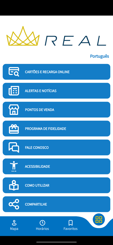 Viação Real - Écran d'accueil de l'application Viacao Real montrant divers boutons de service de transport tels que cartes, actualités et horaires