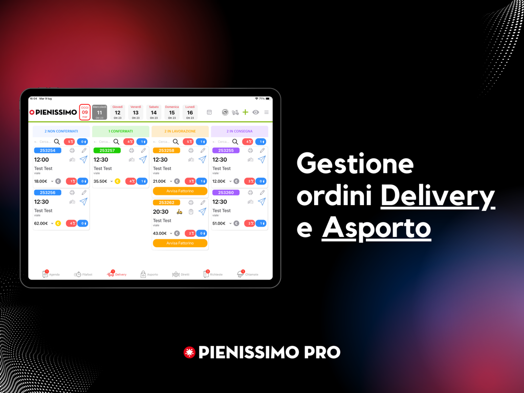 Pienissimo Pro - iPad display of Pienissimo Pro app for restaurant delivery and takeaway order management.